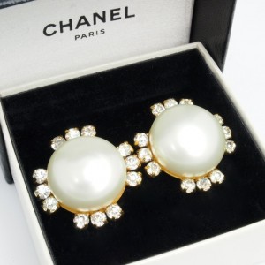 Chanel Faux Pearl Rhinestone Earrings 1